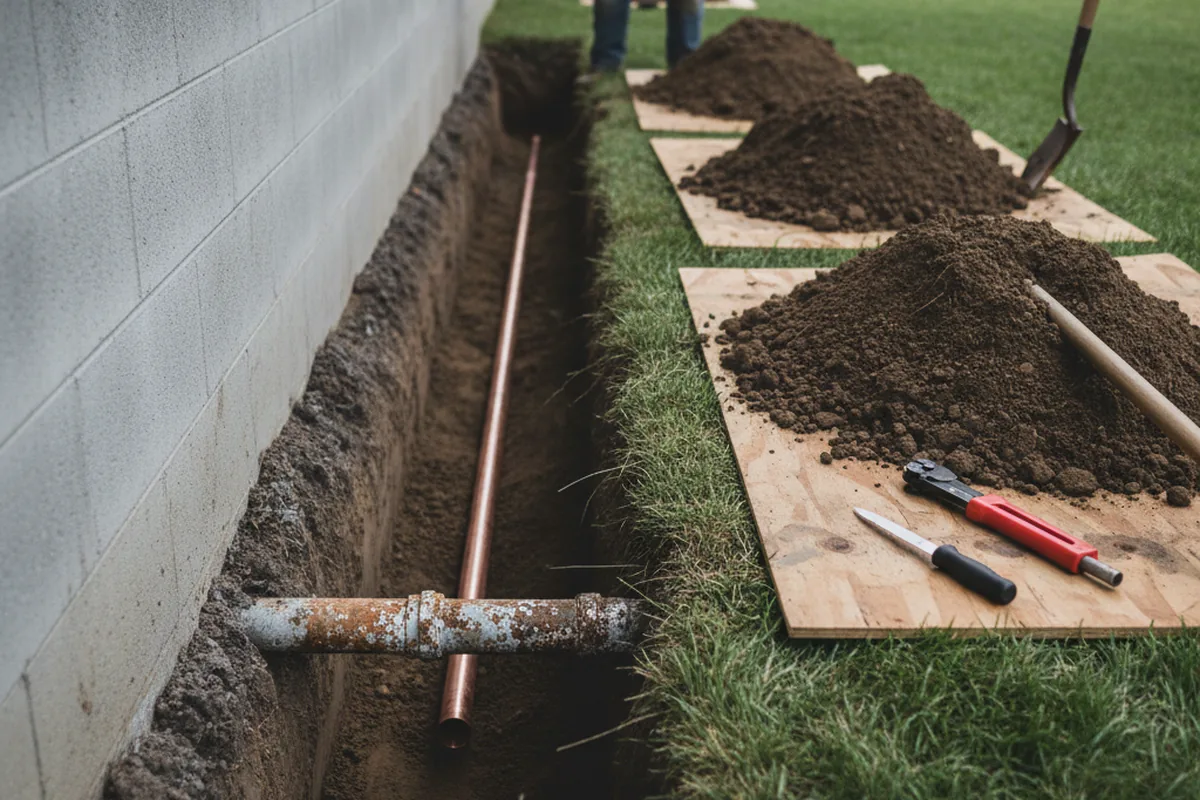 Excavated water line trench during Water Softener Installation in Essex Fells